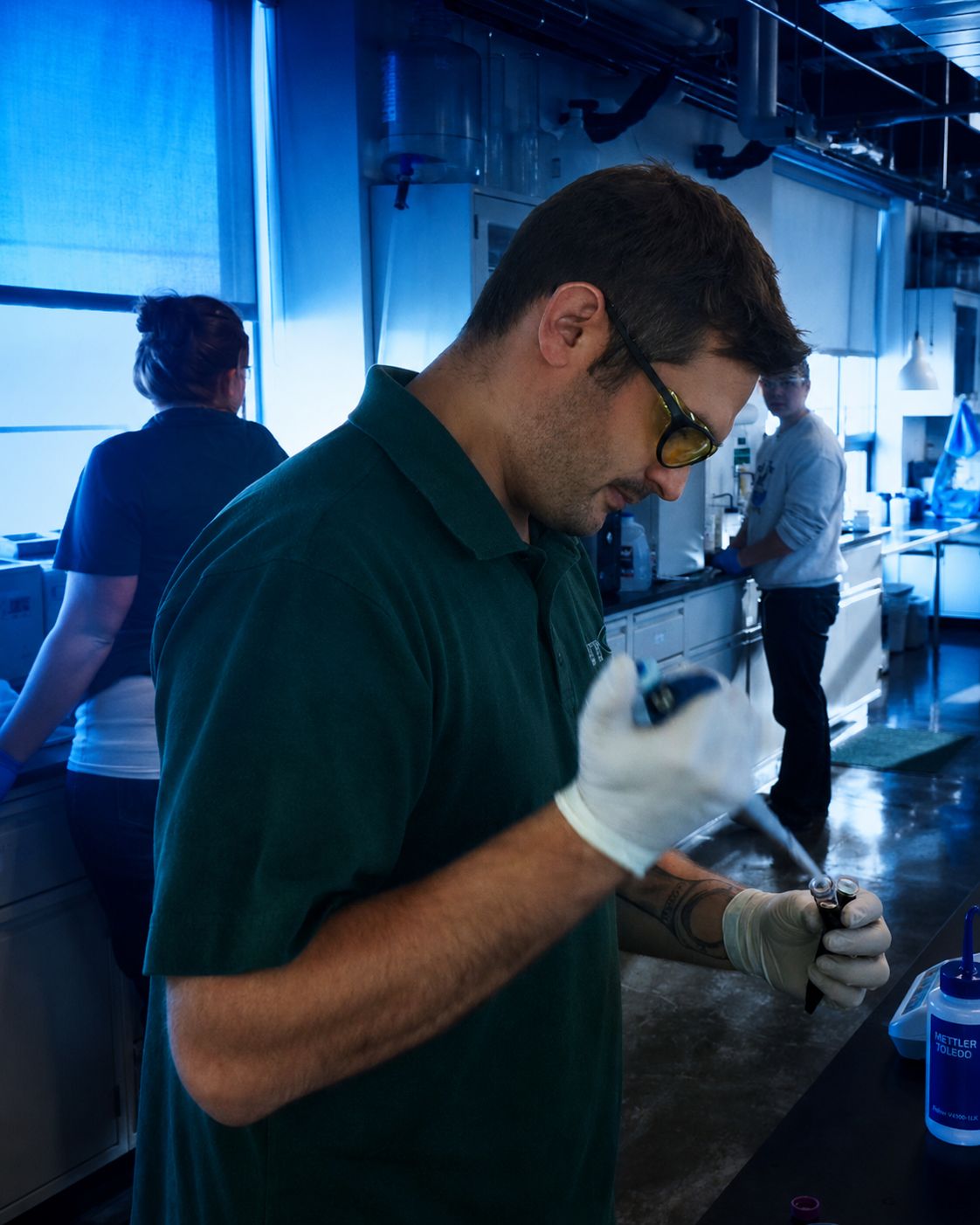 Chad Goodwin working in an EnerG2 laboratory on materials research.