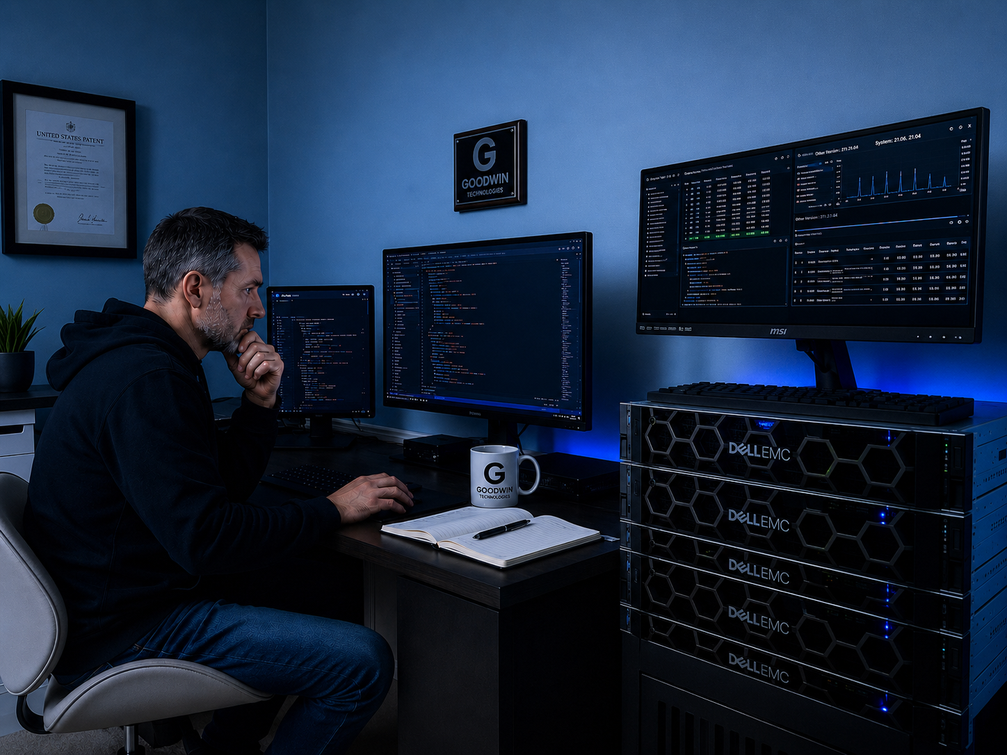Chad Goodwin working at a desk with on-premises server hardware and engineering dashboards.