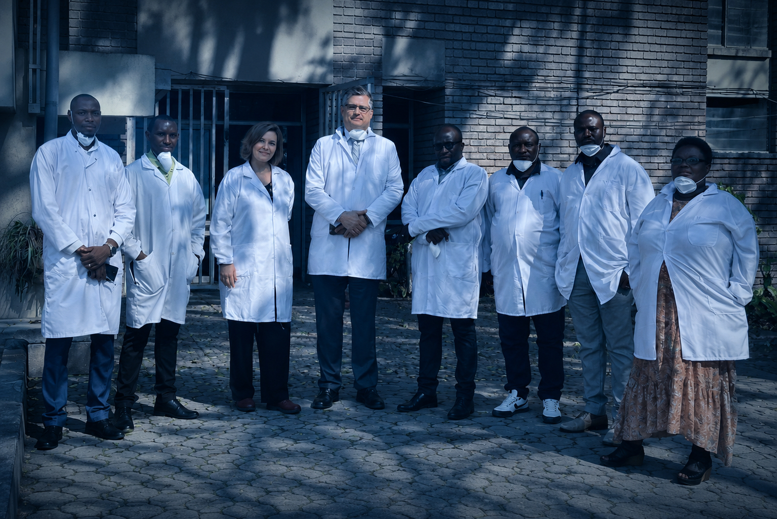 Researchers and partners at ISABU in Burundi standing together outside a laboratory building.